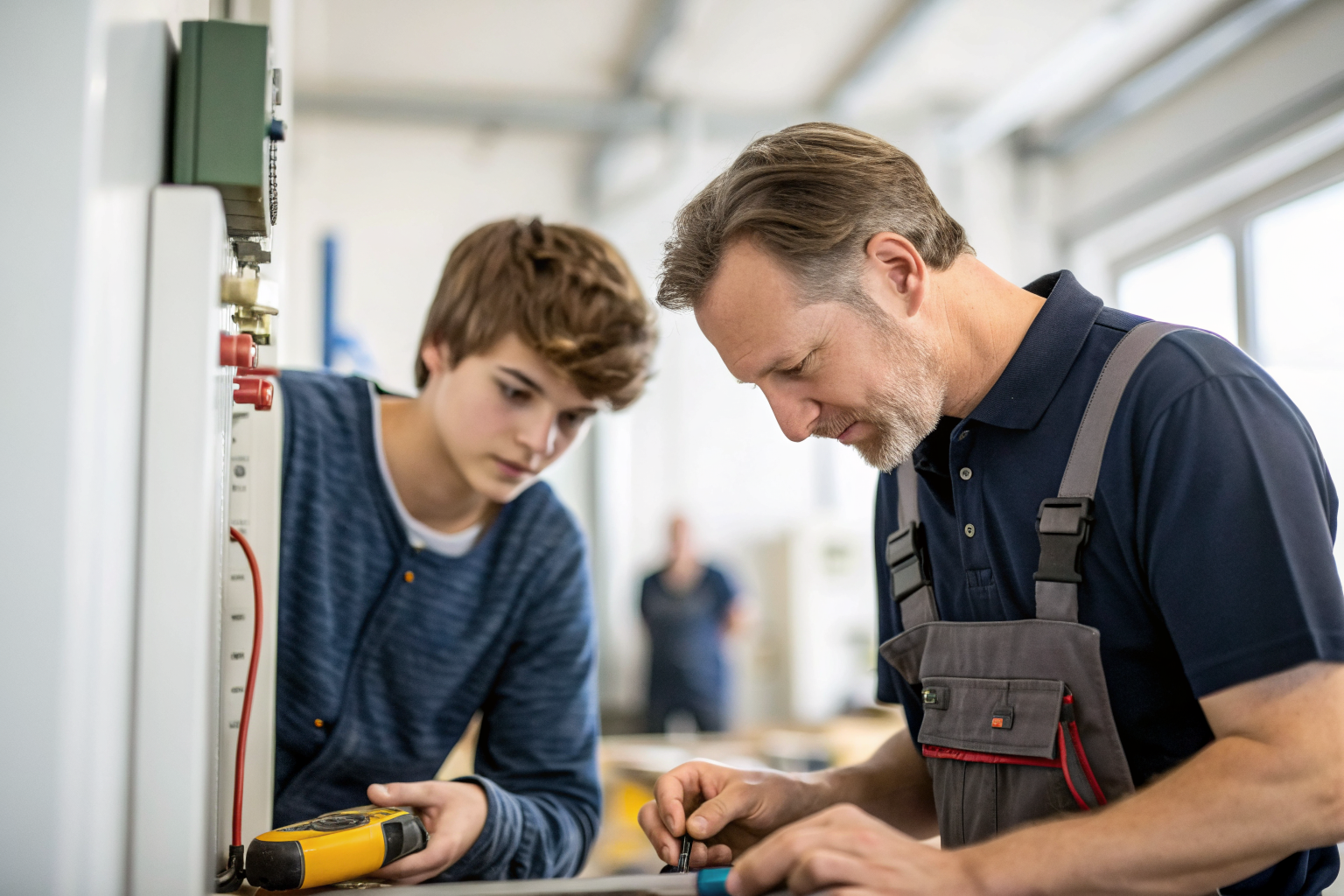 Lehrling arbeitet gemeinsam mit einem erfahrenen Elektriker in einer Werkstatt