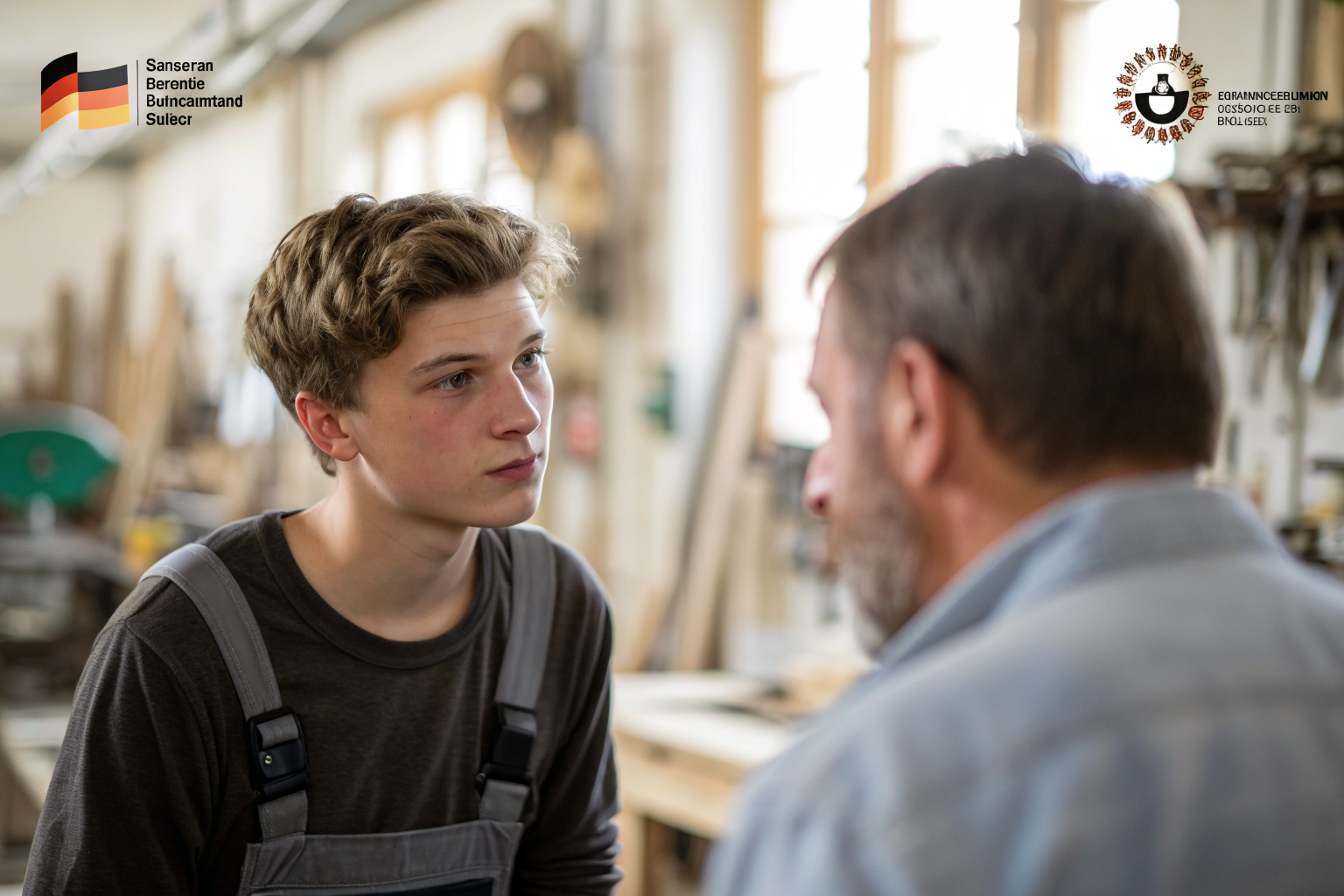 Junger Lehrling im Gespraech mit einem erfahrenen Handwerker in der Werkstatt