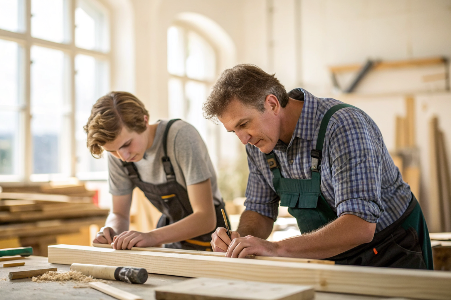 Junger Lehrling und erfahrener Handwerker arbeiten gemeinsam in einer Tischlerei