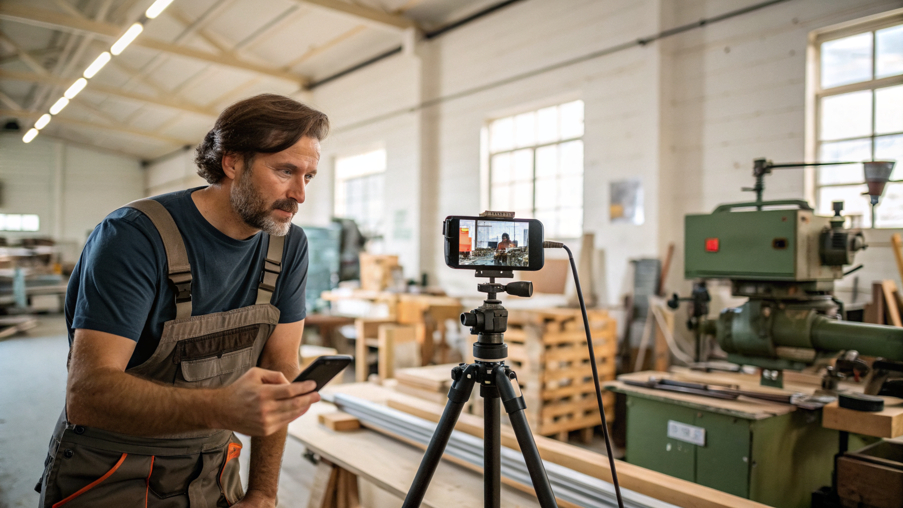 Betriebsinhaber filmt sich mit dem Smartphone in seiner Werkstatt
