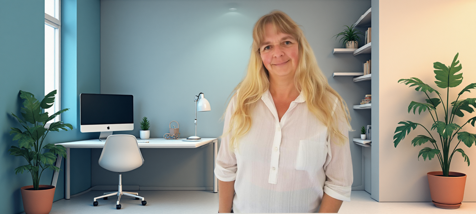 Karin Büchsenmann lächelnd an ihrem kreativen Arbeitsplatz