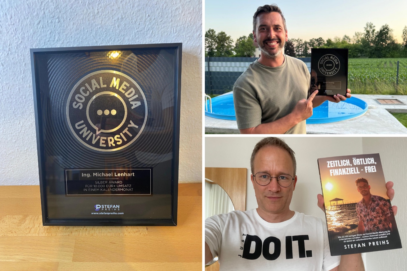 Collage: Social-Media-University-Awards für über 10.000 € Monatsumsatz und Teilnehmer mit ihren Auszeichnungen