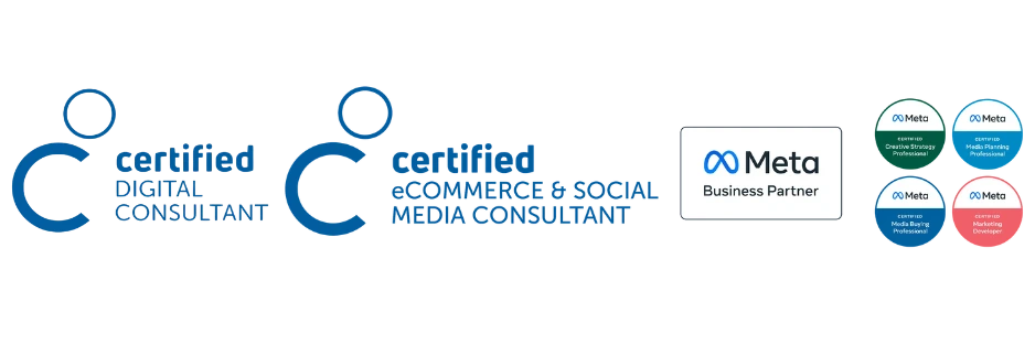 Zertifizierungen: Certified Digital Consultant, Certified eCommerce & Social Media Consultant, Meta Business Partner